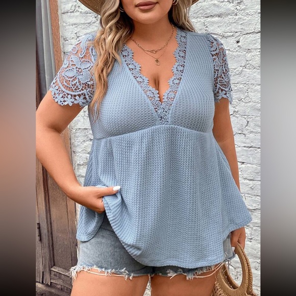 034  Boho Floral Lace Light waffle Knit Top - Picture 7 of 12